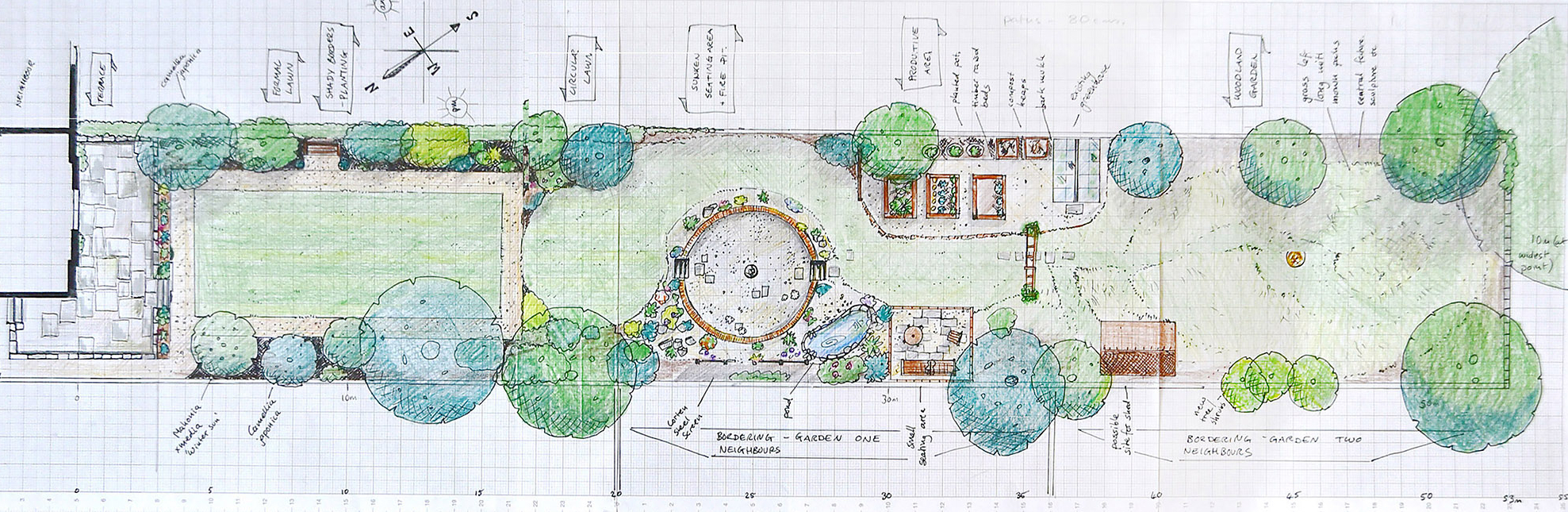 Overhead garden design. Garden drawing. Long garden